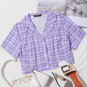 Notch Collar Plaid Crop Blouse